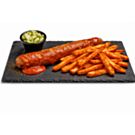 Riesen Currywurst mit Süßkartoffel Fries