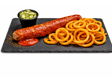 Riesen Currywurst mit Curly Fries