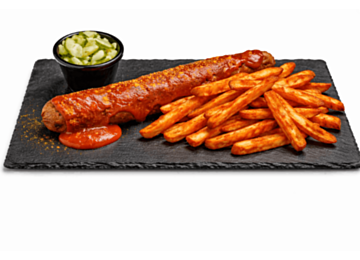 Riesen Currywurst mit Süßkartoffel Fries